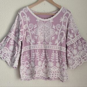 Ana & Rose Romantic Boho Embroidered Bell-Sleeve Blouse Pesant Top Sz.L